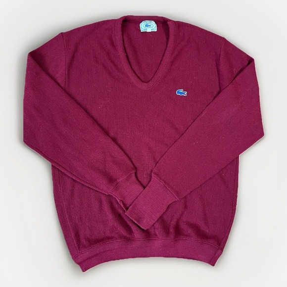 Izod Lacoste Sweater Red XL Pullover V‎ Neck Blue Alligator Vintage USA ILGWU - Picture 1 of 7
